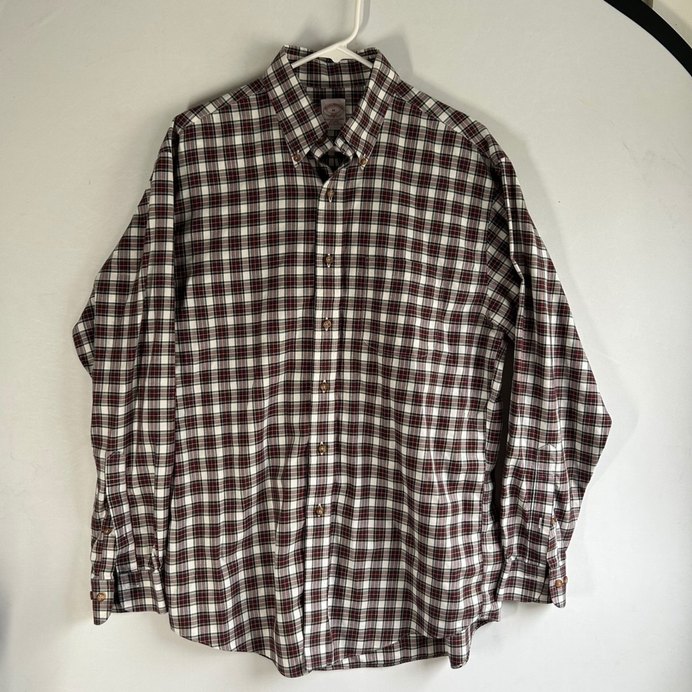 Brooks Brothers 346 Mens M Non-Iron Button Down Shirt Plaid Burgundy Green White